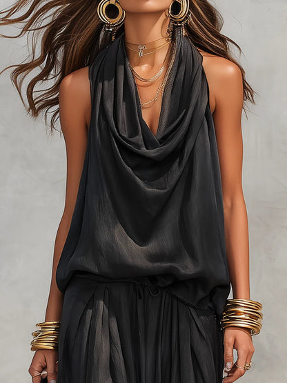 Conjunto Top Sin Mangas con Cuello Halter y Pantalón Plisado