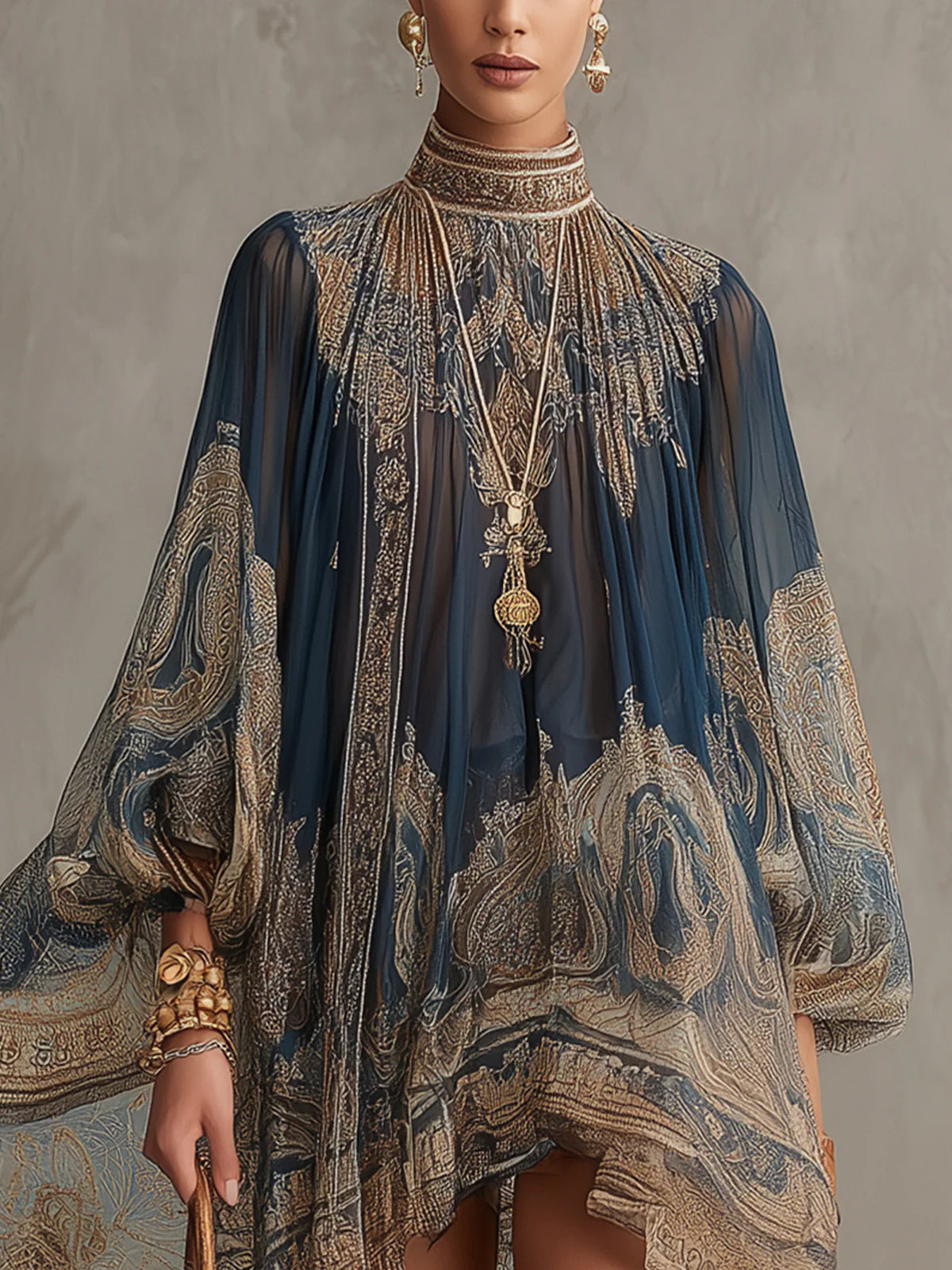 Sherazade | Vestido mini de gasa azul navy con estampado barroco, cuello alto y bajo irregular