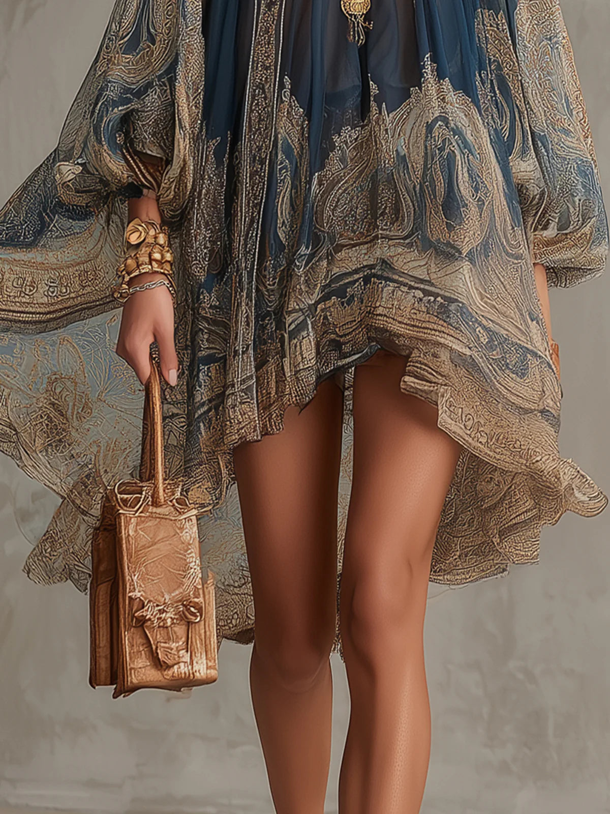 Sherazade | Vestido mini de gasa azul navy con estampado barroco, cuello alto y bajo irregular