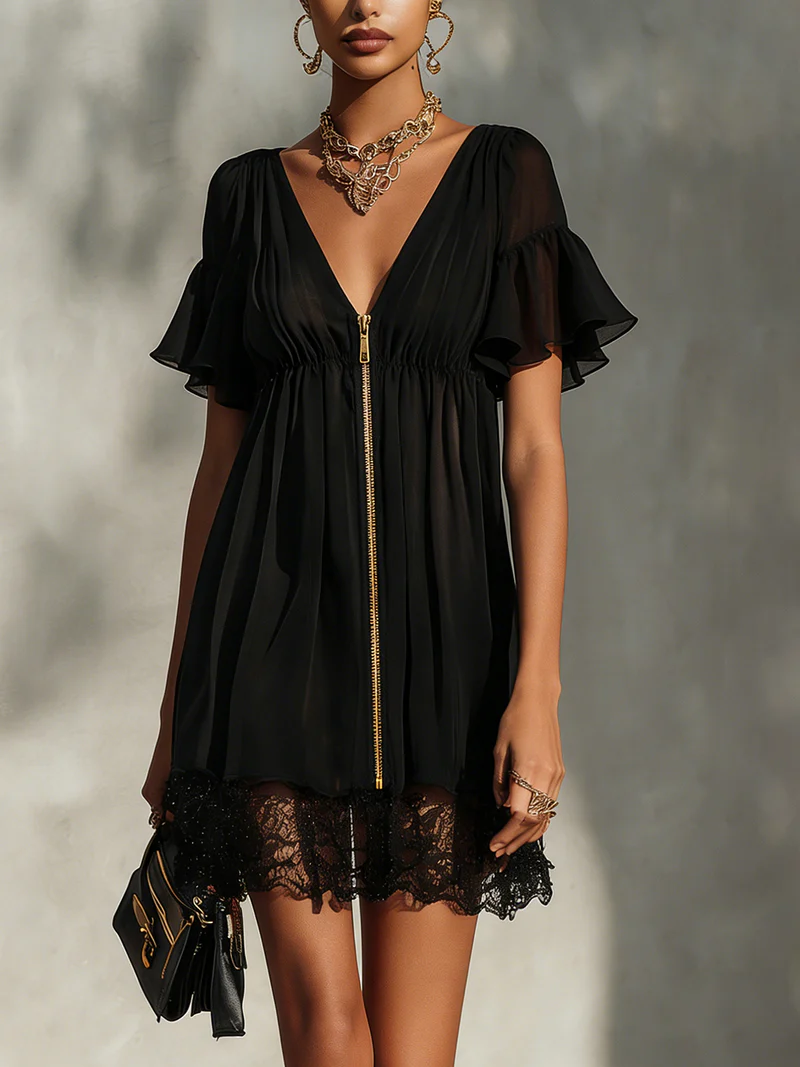 Alessia | Vestido mini negro con cremallera, escote en V, ribeteado en encaje y volantes