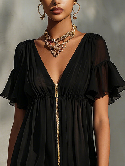 Alessia | Vestido mini negro con cremallera, escote en V, ribeteado en encaje y volantes