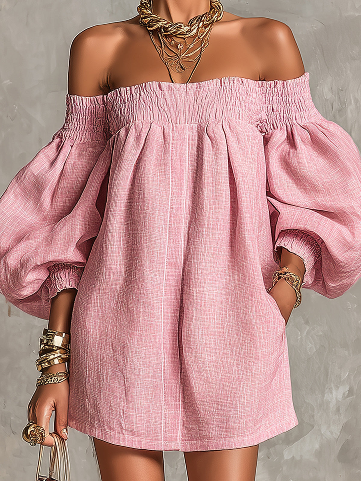 Alba | Vestido mini rosa de hombros descubiertos, mangas de farol, corte línea A, ajuste amplio