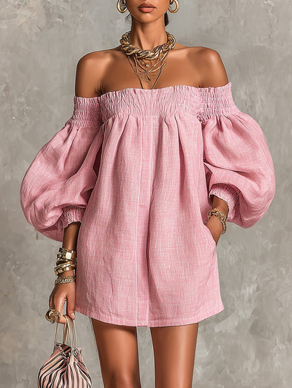Alba | Vestido mini rosa de hombros descubiertos, mangas de farol, corte línea A, ajuste amplio