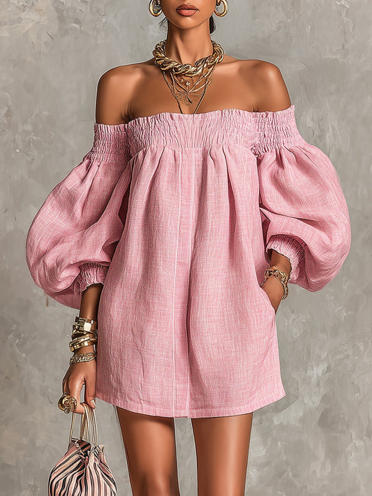 Alba | Vestido mini rosa de hombros descubiertos, mangas de farol, corte línea A, ajuste amplio
