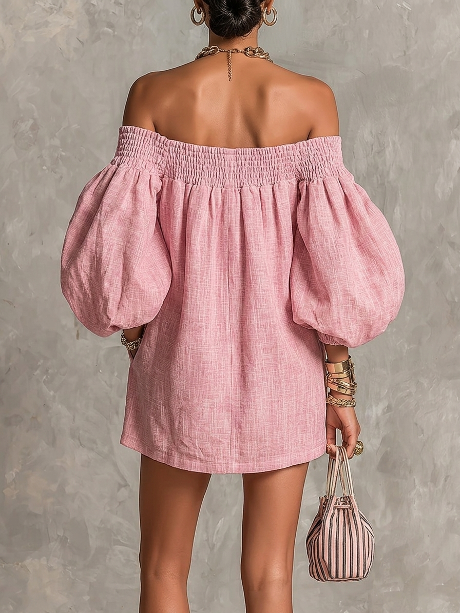 Alba | Vestido mini rosa de hombros descubiertos, mangas de farol, corte línea A, ajuste amplio