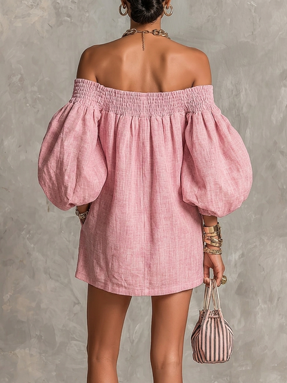 Alba | Vestido mini rosa de hombros descubiertos, mangas de farol, corte línea A, ajuste amplio