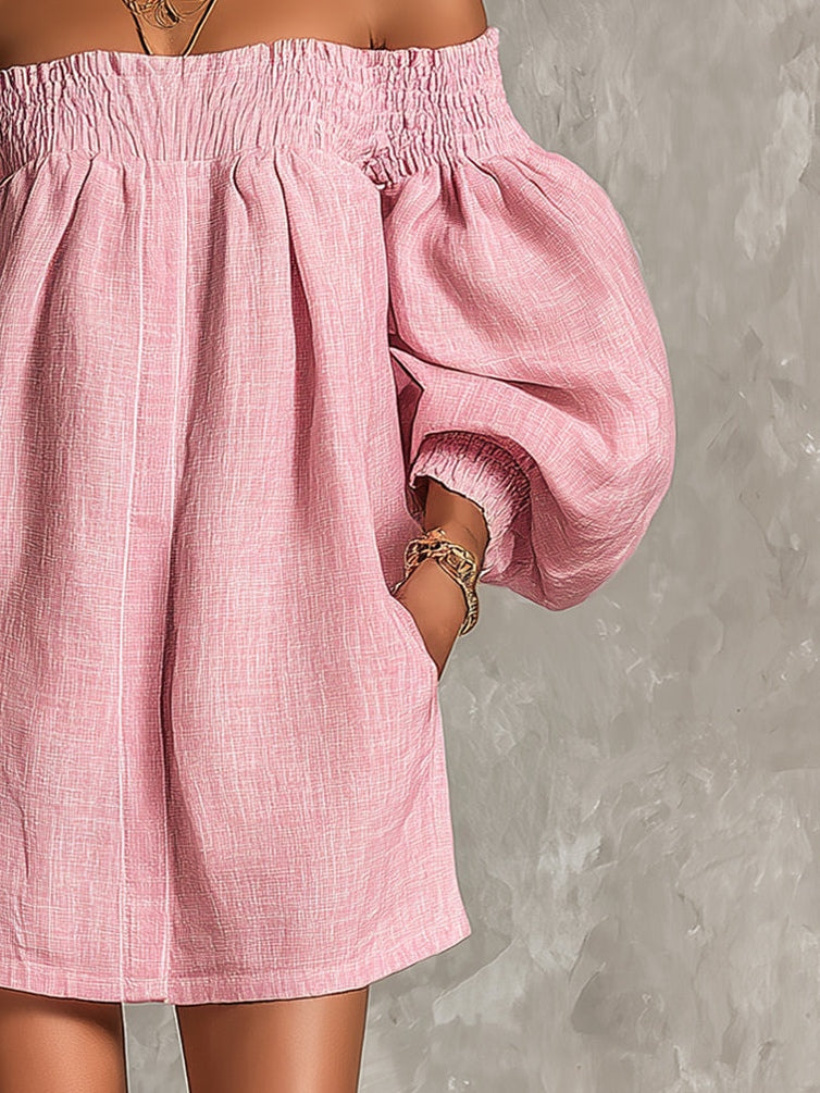 Alba | Vestido mini rosa de hombros descubiertos, mangas de farol, corte línea A, ajuste amplio