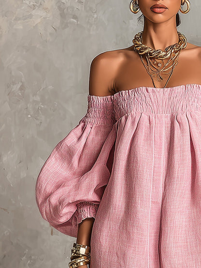 Alba | Vestido mini rosa de hombros descubiertos, mangas de farol, corte línea A, ajuste amplio