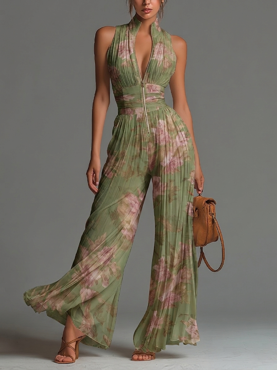Giada | Peto de Gasa Verde Floral con Escote en V, Sin Mangas, con Cremallera y Pliegues, Pierna Ancha