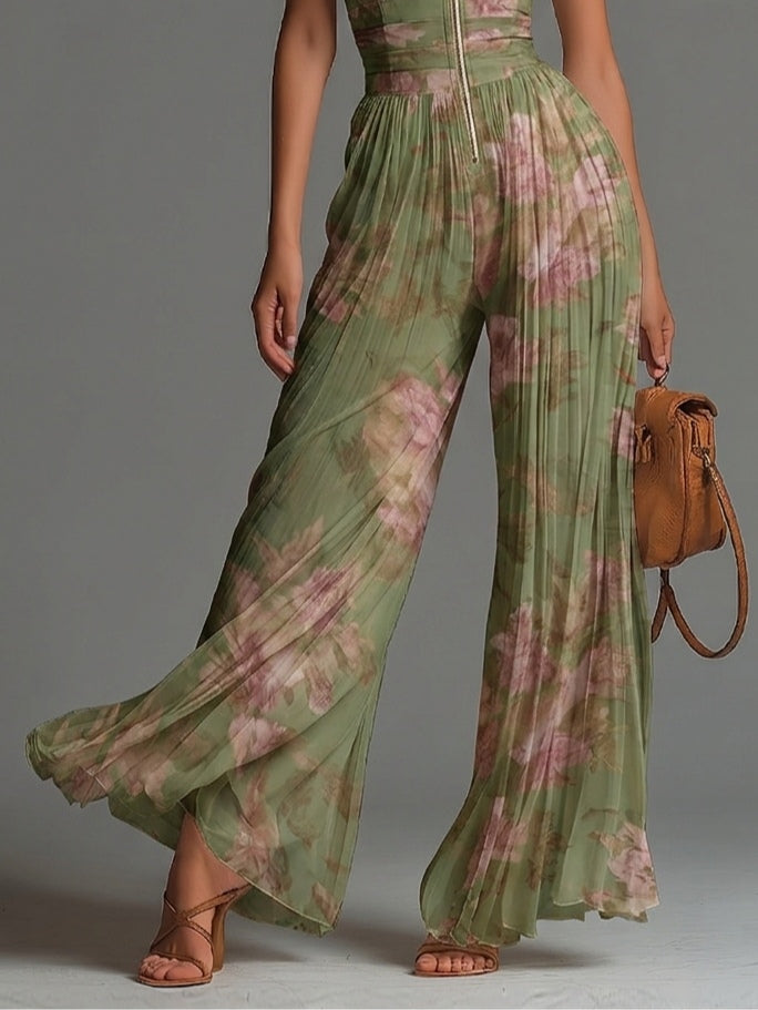 Giada | Peto de Gasa Verde Floral con Escote en V, Sin Mangas, con Cremallera y Pliegues, Pierna Ancha