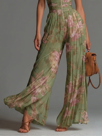 Giada | Peto de Gasa Verde Floral con Escote en V, Sin Mangas, con Cremallera y Pliegues, Pierna Ancha