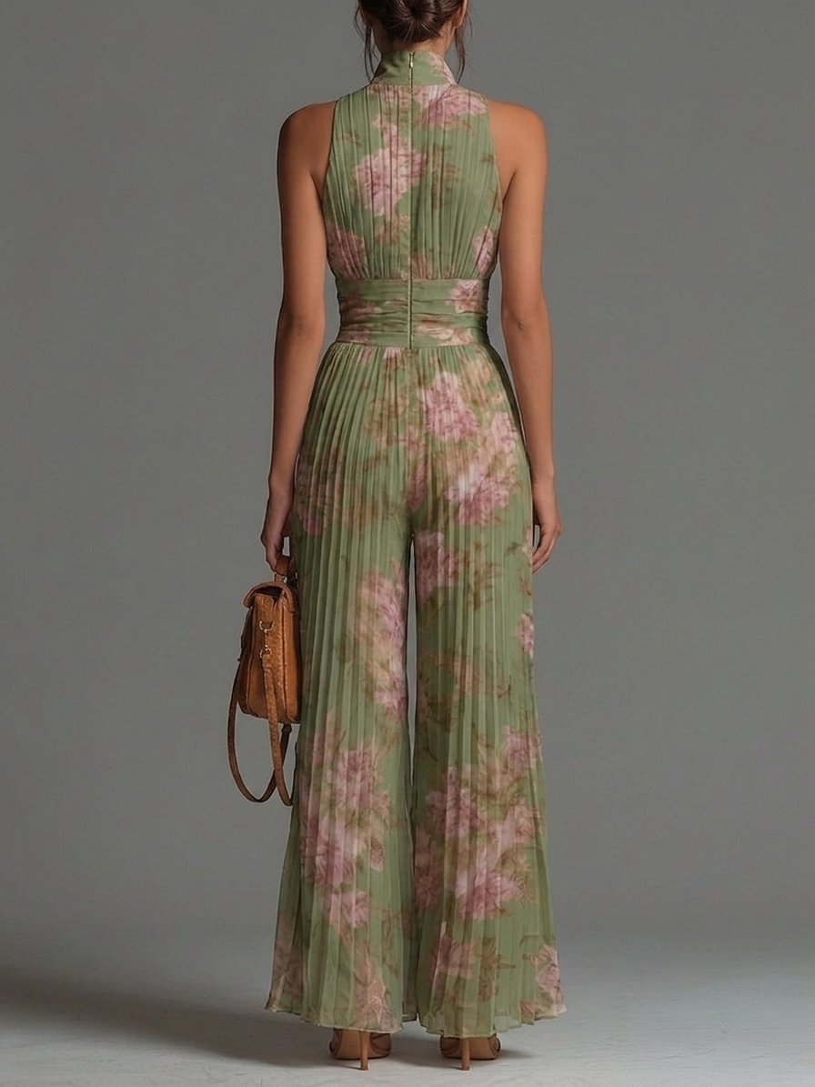 Giada | Peto de Gasa Verde Floral con Escote en V, Sin Mangas, con Cremallera y Pliegues, Pierna Ancha