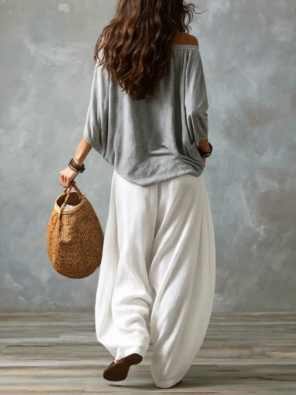 Top Gris de Hombros Descubiertos con Conjunto de Pantalón Blanco Ancho Tipo Farol