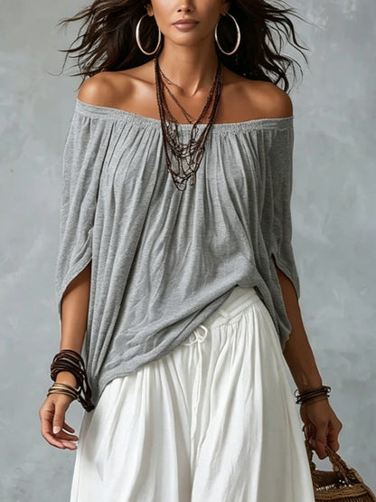 Top Gris de Hombros Descubiertos con Conjunto de Pantalón Blanco Ancho Tipo Farol