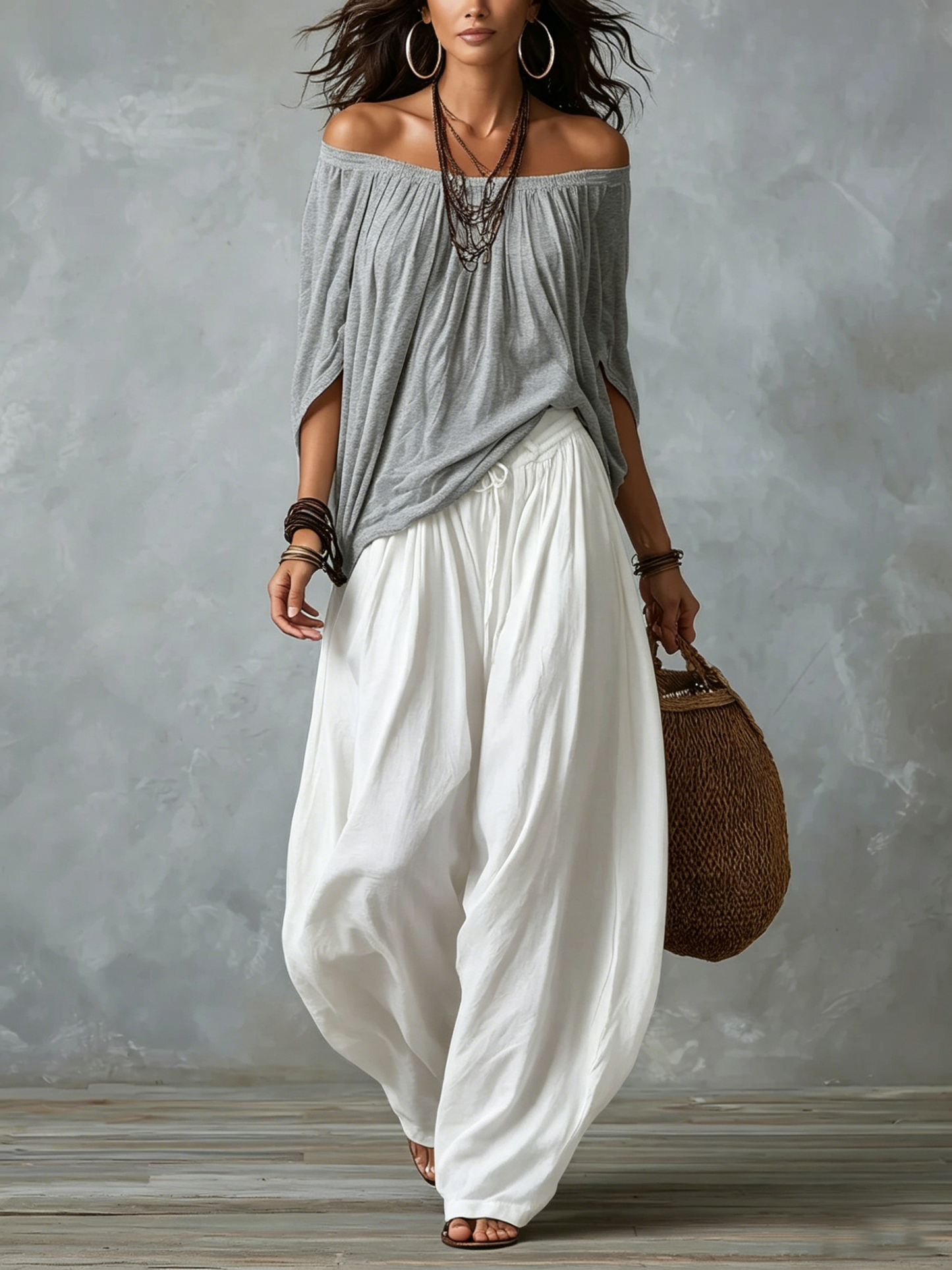 Top Gris de Hombros Descubiertos con Conjunto de Pantalón Blanco Ancho Tipo Farol