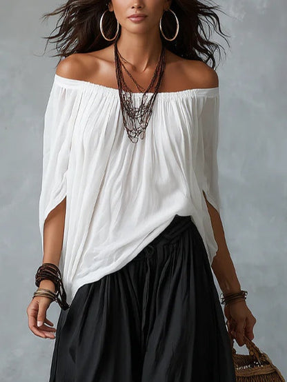 Top Blanco de Hombros Descubiertos y Pantalón Farol Acampanado