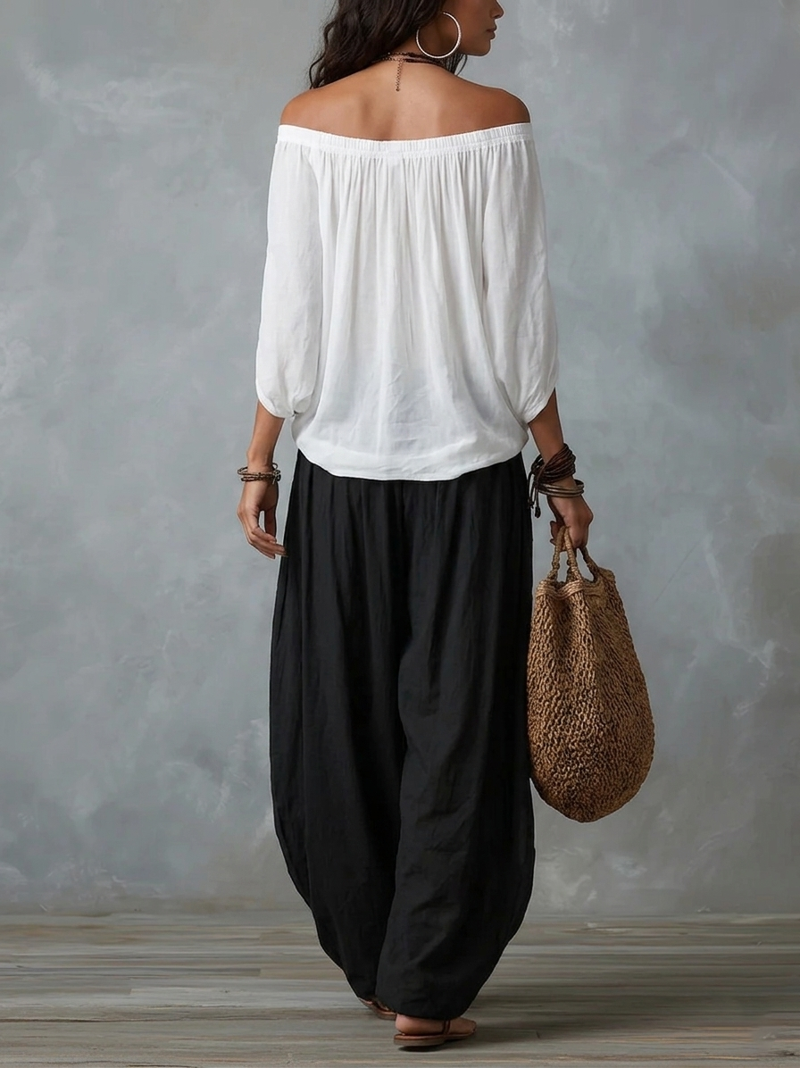 Top Blanco de Hombros Descubiertos y Pantalón Farol Acampanado