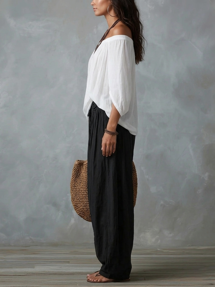 Top Blanco de Hombros Descubiertos y Pantalón Farol Acampanado