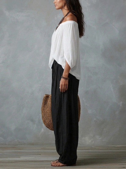 Top Blanco de Hombros Descubiertos y Pantalón Farol Acampanado