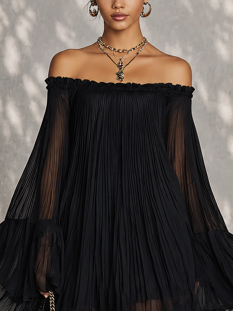 Letizia | Vestido mini negro de hombros descubiertos con mangas campana fruncidas