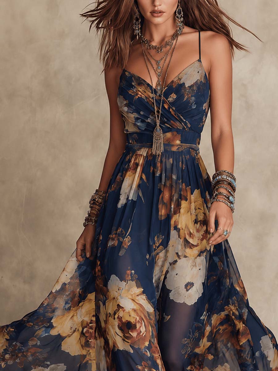 Vestido Maxi de Gasa Azul Navy con Estampado Floral y Tirantes Finos