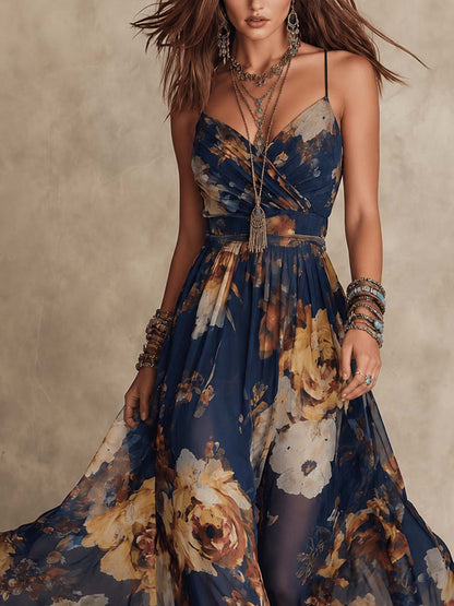 Vestido Maxi de Gasa Azul Navy con Estampado Floral y Tirantes Finos