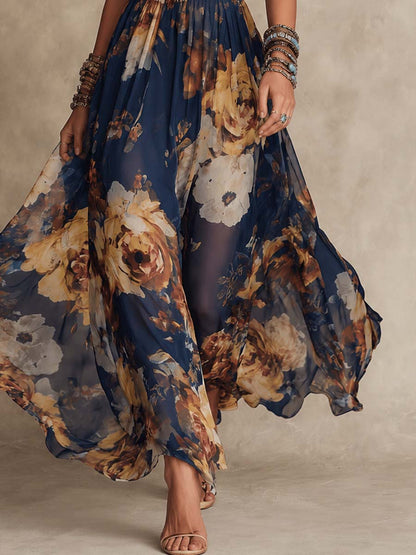 Vestido Maxi de Gasa Azul Navy con Estampado Floral y Tirantes Finos