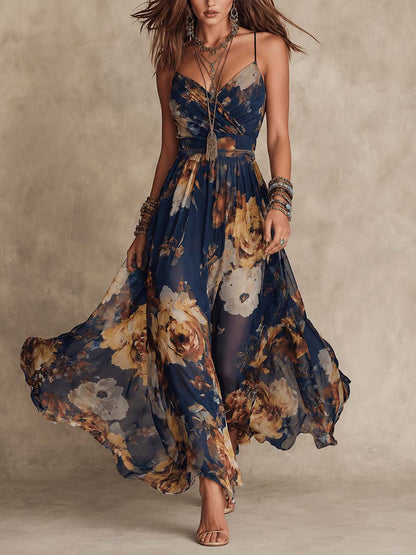 Vestido Maxi de Gasa Azul Navy con Estampado Floral y Tirantes Finos