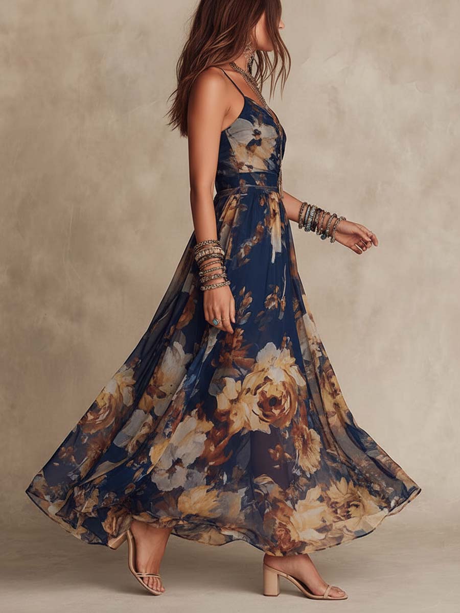 Vestido Maxi de Gasa Azul Navy con Estampado Floral y Tirantes Finos