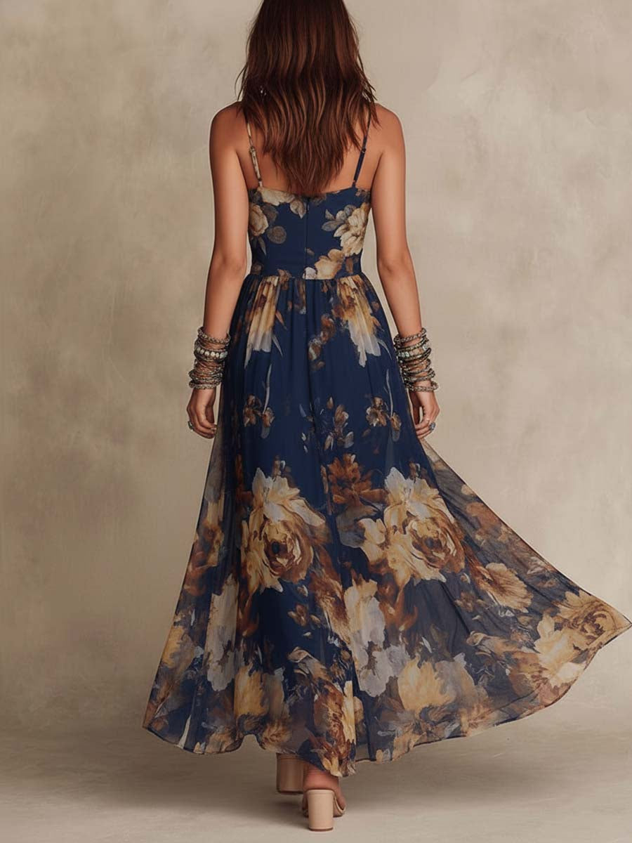 Vestido Maxi de Gasa Azul Navy con Estampado Floral y Tirantes Finos