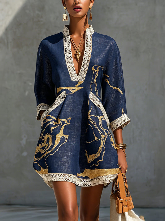 Donatella | Mini vestido azul con estampado mármol dorado y encaje crochet