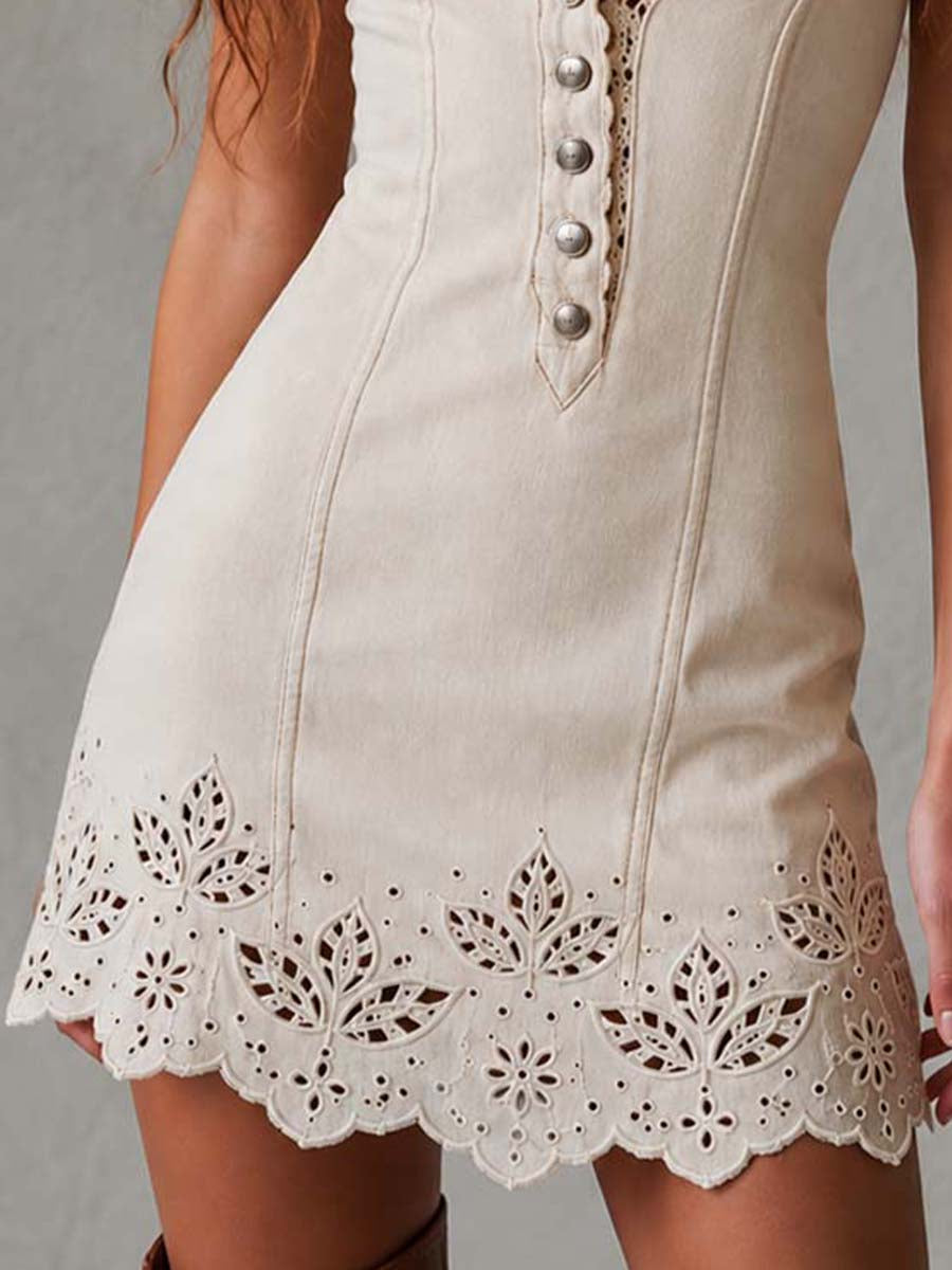 Esmeralda | Vestido corto marfil de encaje calado con escote en V retro