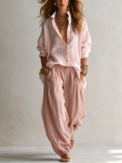 Camisa Blanca Ancha y Pantalón Farol Verde de Pierna Ancha