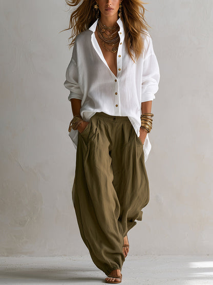 Camisa Blanca Ancha y Pantalón Farol Verde de Pierna Ancha