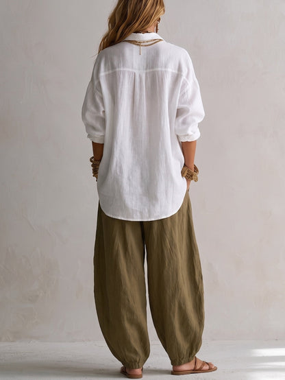 Camisa Blanca Ancha y Pantalón Farol Verde de Pierna Ancha
