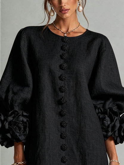 Vestido Mini Negro Floral con Botones y Mangas Florales Extravagantes