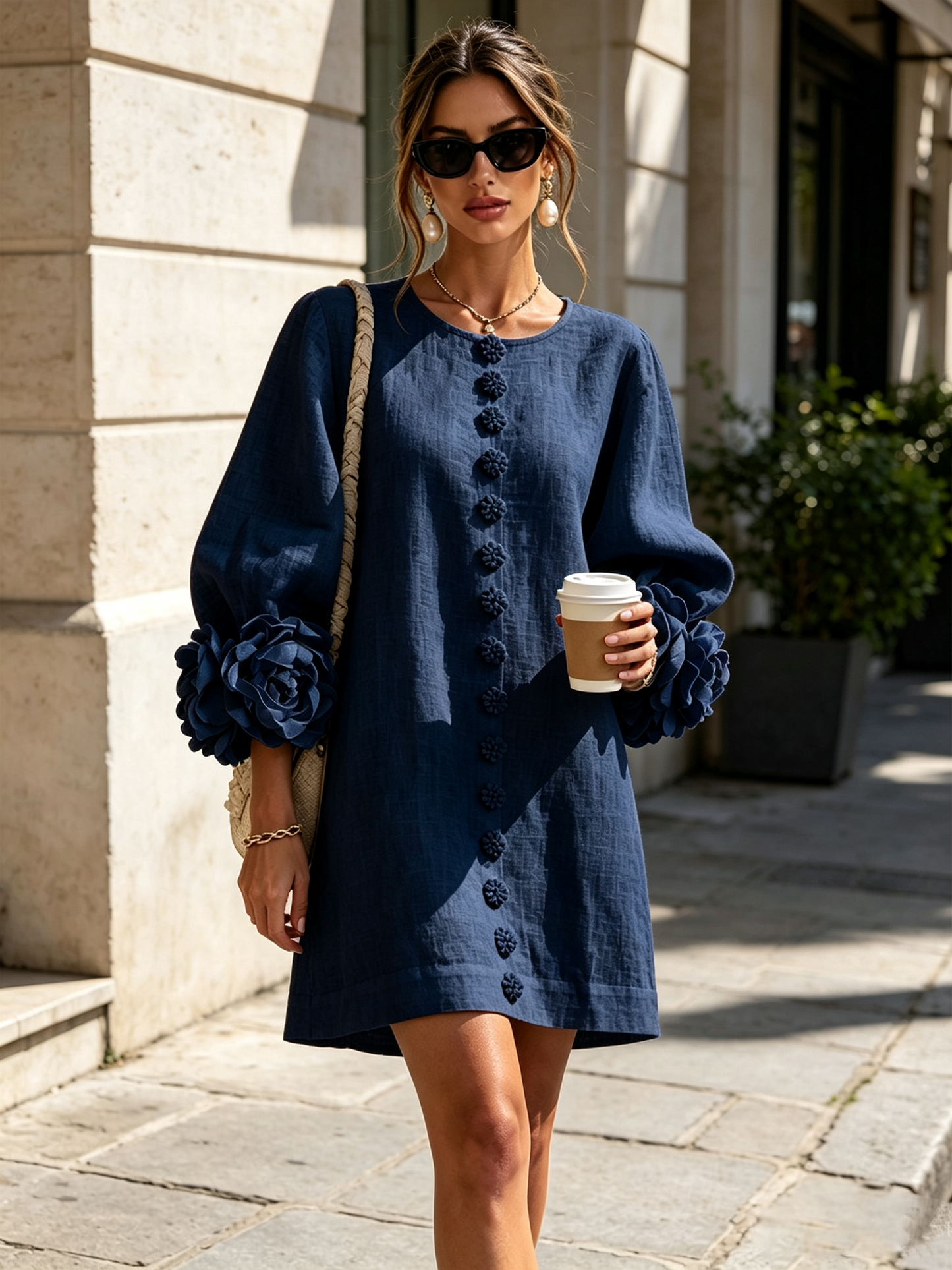 Vestido Mini Azul Marino con Botones de Flores y Mangas Florales Extravagantes