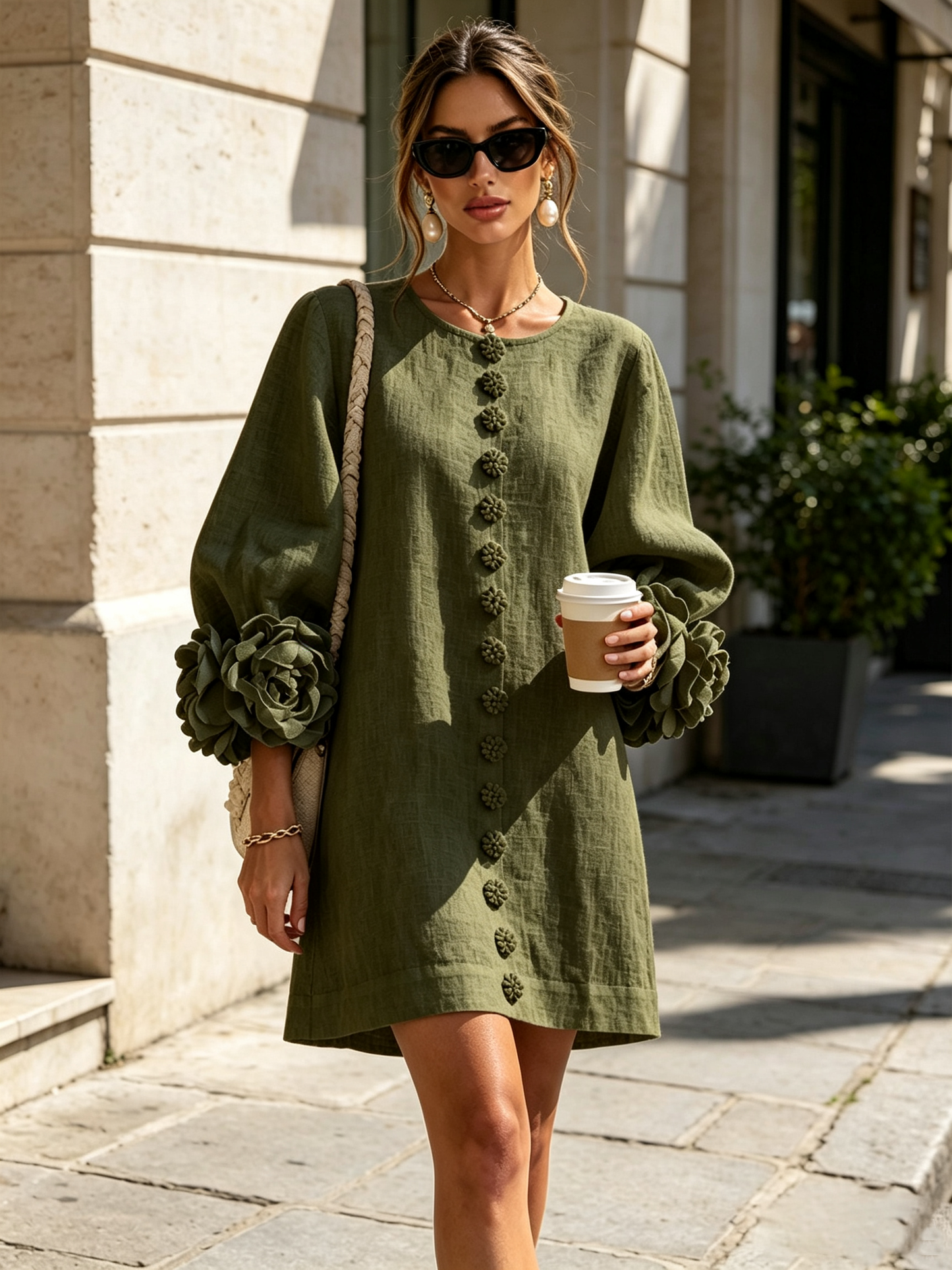 Gaia | Vestido Mini de Lino con Puños de Rosas, Verde Oliva