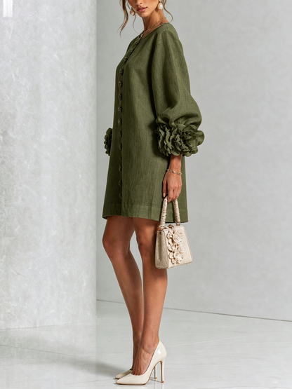 Vestido Mini Camisero Floral Verde Oliva con Puños Florales Extravagantes
