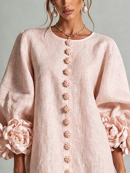 Vestido Mini Floral Rosa con Botones y Mangas Florales Sorprendentes