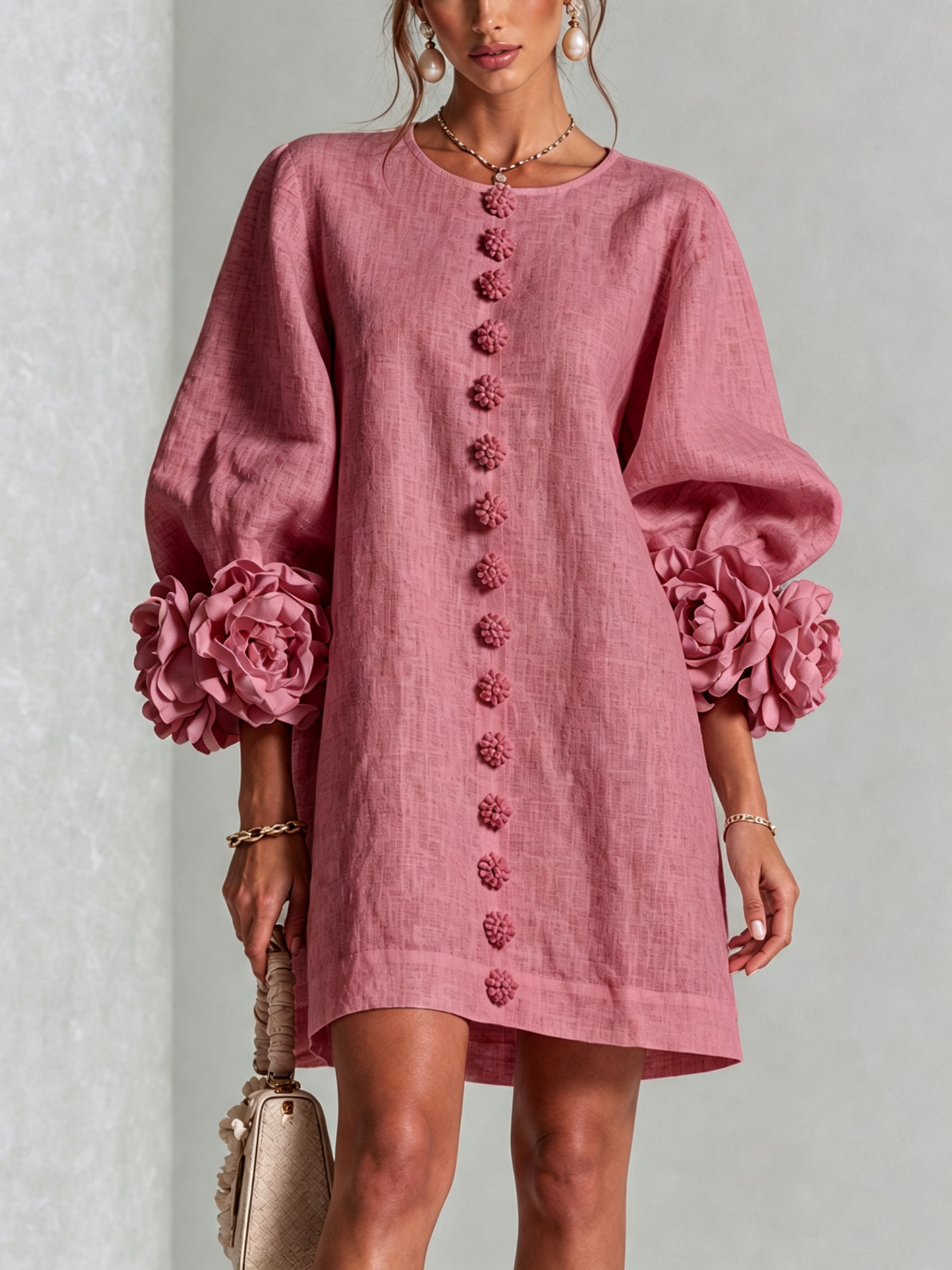 Vestido Mini Estilo Vintage con Botones de Flores y Mangas Florales Extravagantes