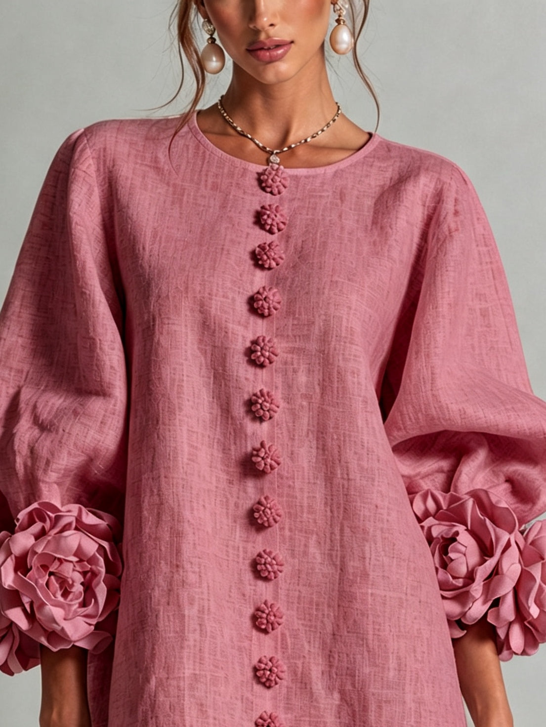 Vestido Mini Estilo Vintage con Botones de Flores y Mangas Florales Extravagantes