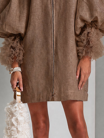Vestido Mini con Mangas Globo Marrón y Cremallera Delantera con Volantes Plisados