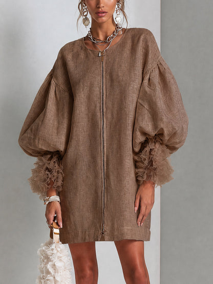 Vestido Mini con Mangas Globo Marrón y Cremallera Delantera con Volantes Plisados