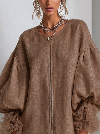 Vestido Mini con Mangas Globo Marrón y Cremallera Delantera con Volantes Plisados