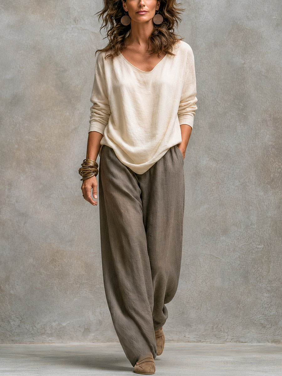 Costanza | Conjunto de tres piezas beige y gris, casual por capas, con pantalón palazzo, elegante
