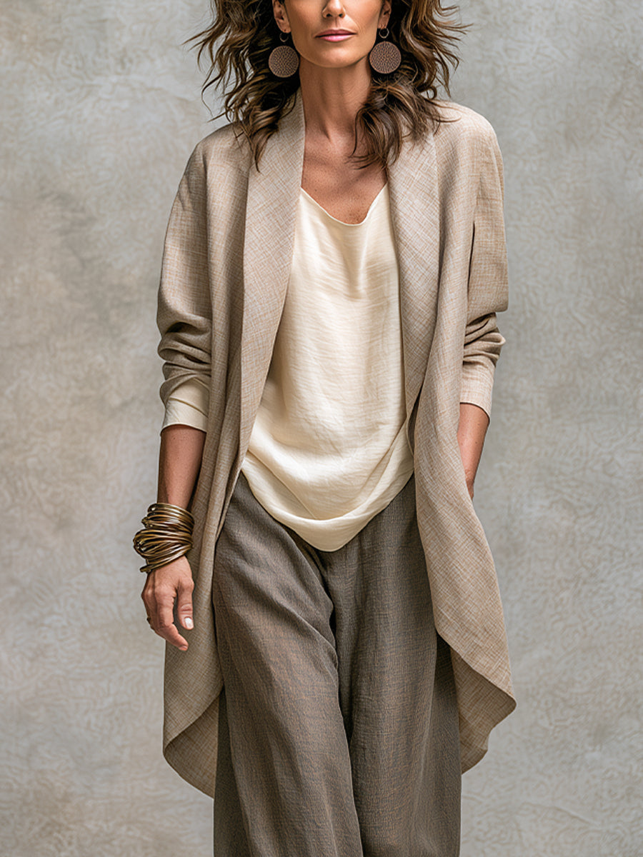 Costanza | Conjunto de tres piezas beige y gris, casual por capas, con pantalón palazzo, elegante