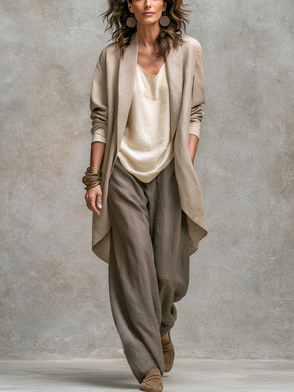Costanza | Conjunto de tres piezas beige y gris, casual por capas, con pantalón palazzo, elegante