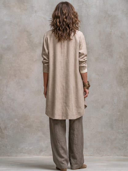 Costanza | Conjunto de tres piezas beige y gris, casual por capas, con pantalón palazzo, elegante