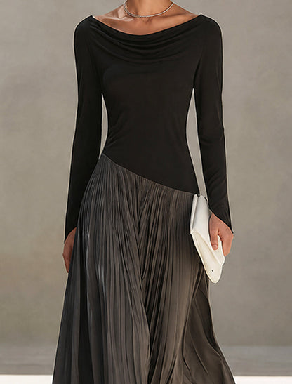 Vestido Maxi Plisado con Cuello Drapeado Bicolor Negro y Gris